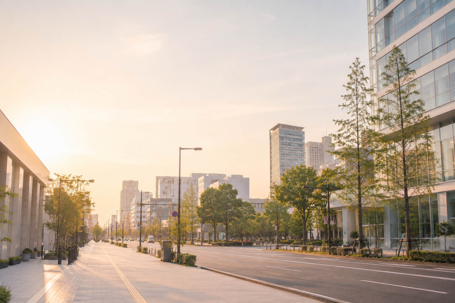 夕景の都市と街路樹