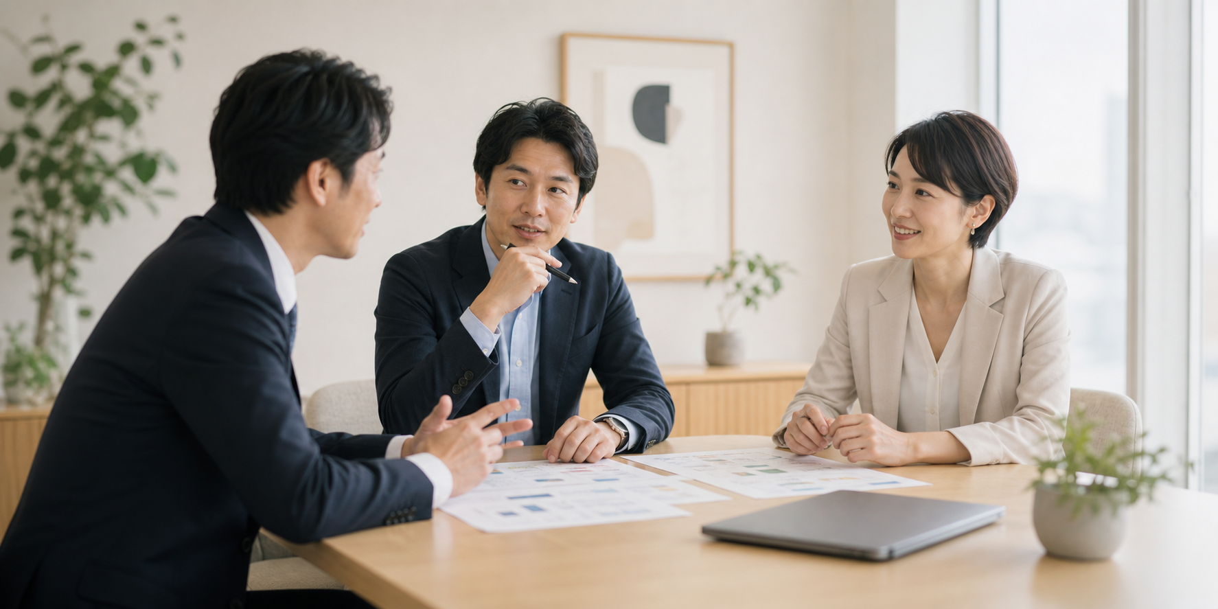 採用について打ち合わせる様子